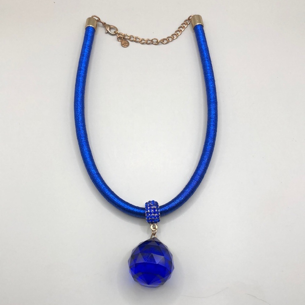 Royal electric blue statement style large glass crystal pendant necklace-dressy